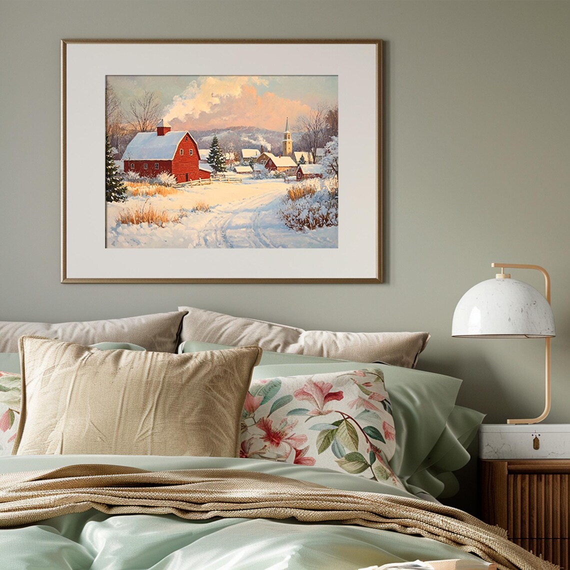Red Barn Snowy Village Sunrise Winter Farm Countryside Poster - Image 3