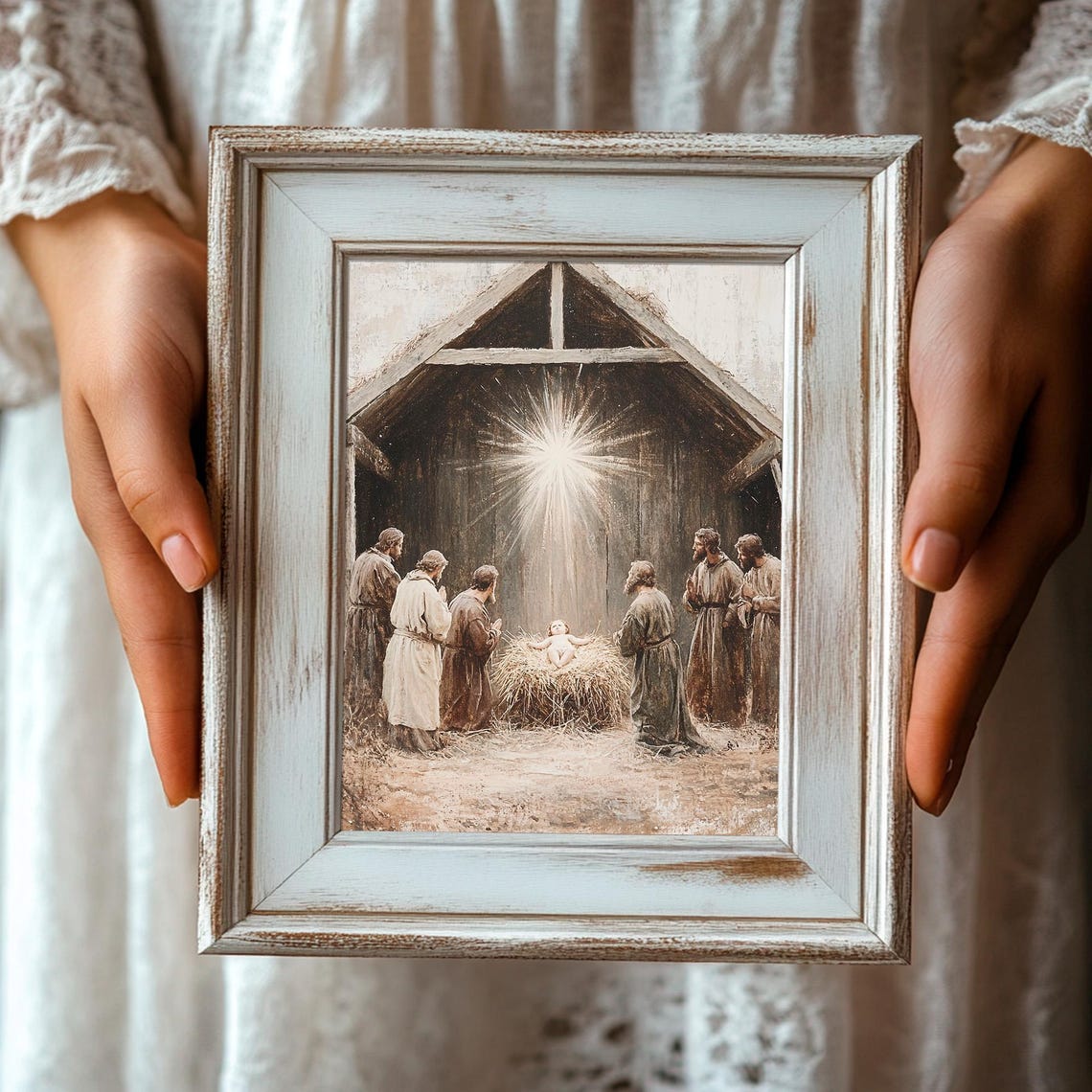 Shepherds Gathered At The Manger Nativity Scene With Star Poster - Image 3