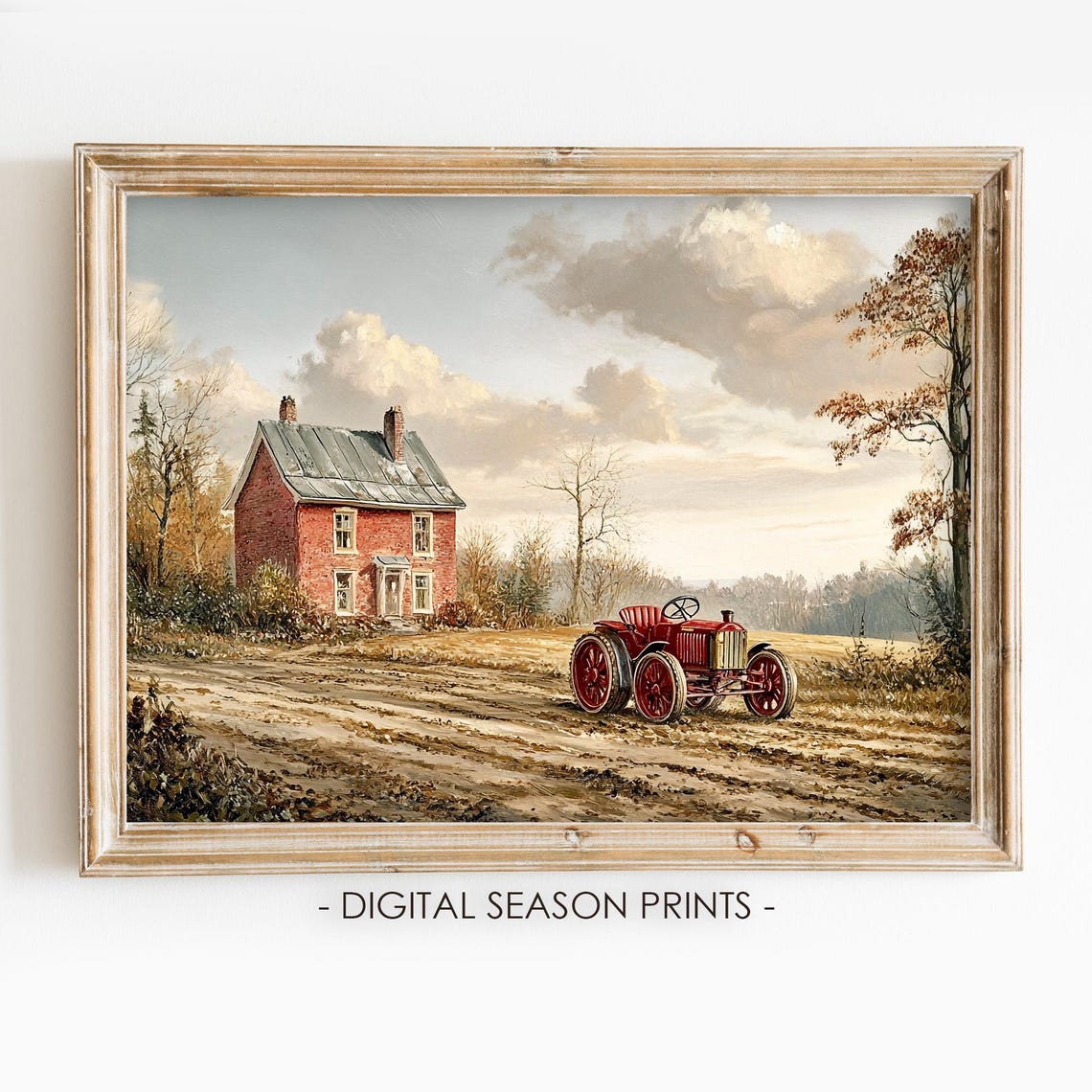 Vintage Red Tractor by Brick Farmhouse Field Country Farm Poster
