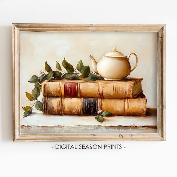 Rustic Teapot Scene Print Cozy Fall Warm Autumn Decor Books And Leaves Moody Tea Party Wall Art