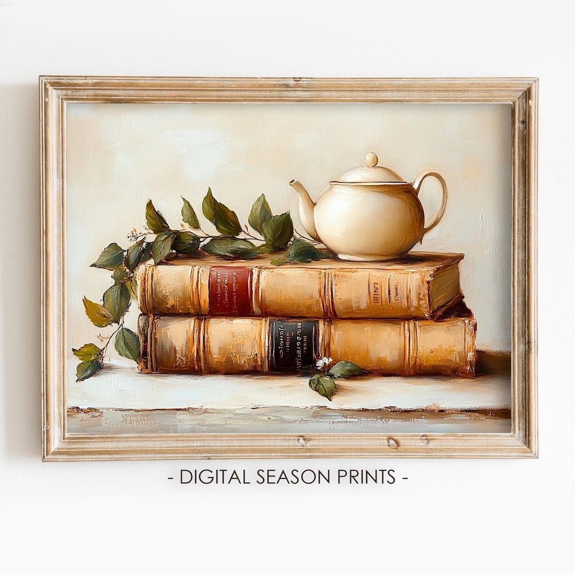 White Teapot Resting On Stacked Antique Books With Greenery Poster