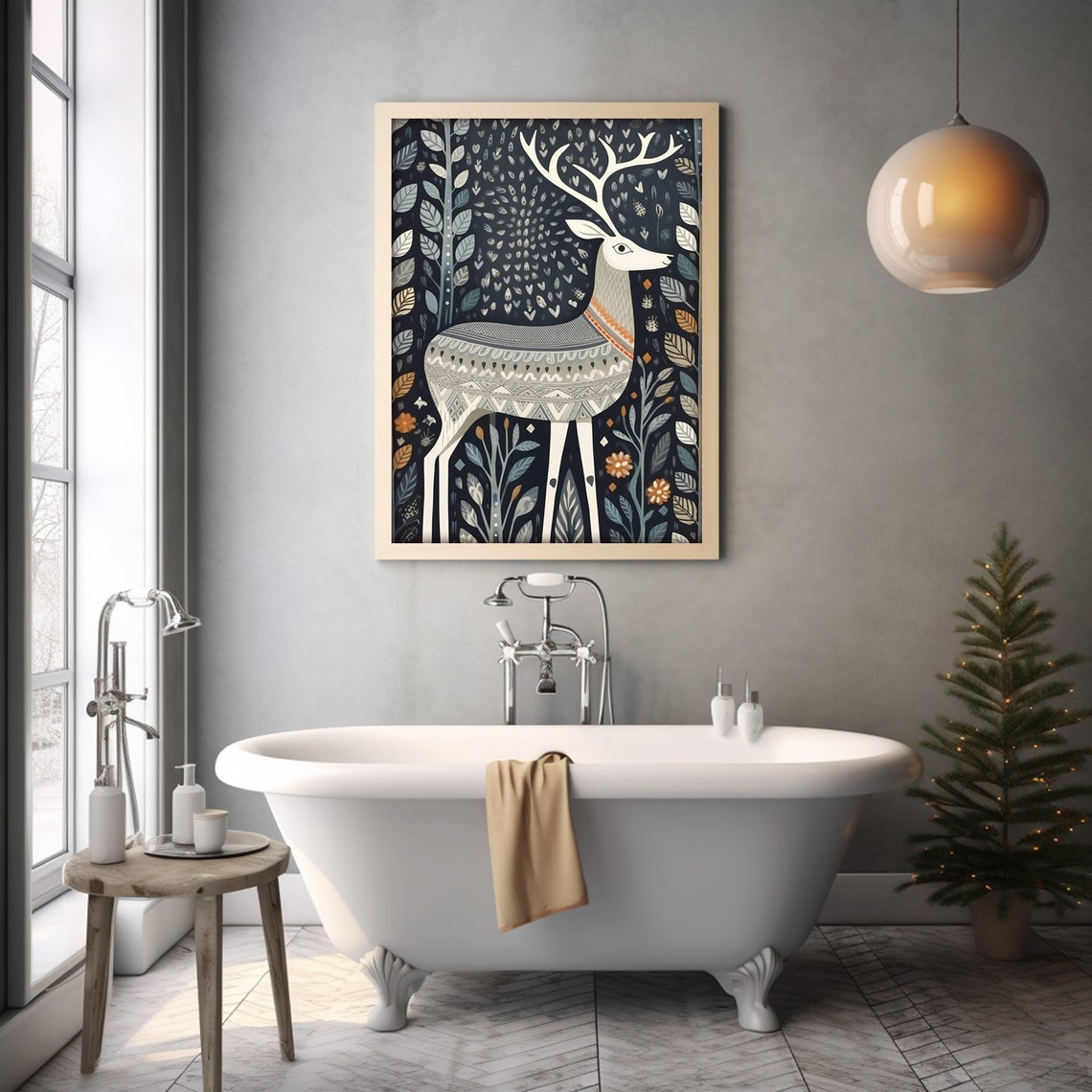Scandinavian Folk Art Deer on Dark Forest Nordic Animal Print - Image 4