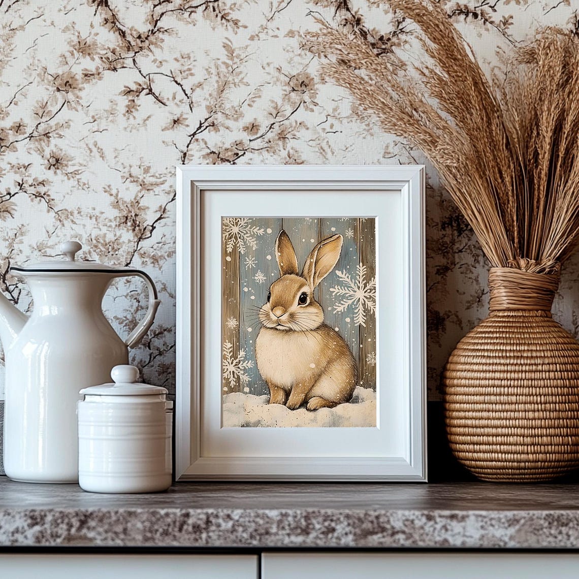 Cute Winter Bunny In Snow With Snowflake Rustic Background Poster - Image 4