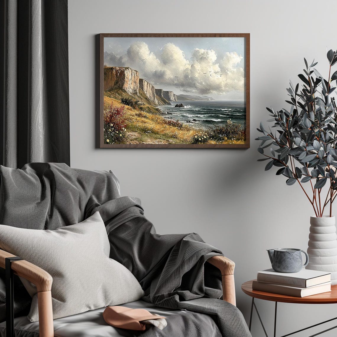 White Sea Cliffs Dramatic Clouds Wildflowers Coastal Painting Poster - Image 4