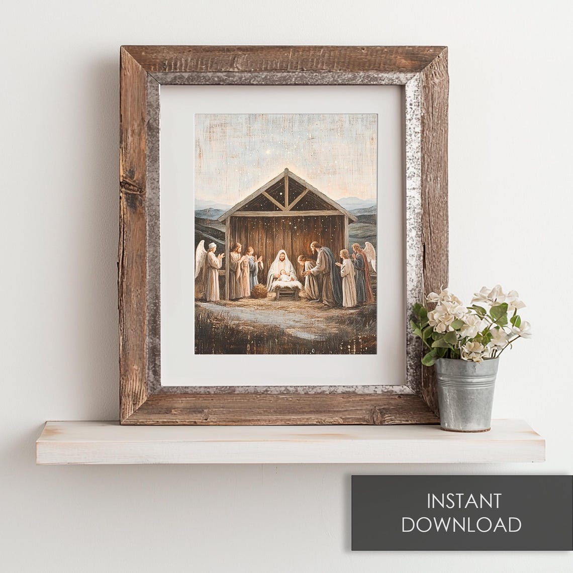 Nativity Scene Birth Of Baby Jesus Painting Vintage Christmas Wall Art Christian Wall Art Holy Family Print Starry Night Sky - Image 6