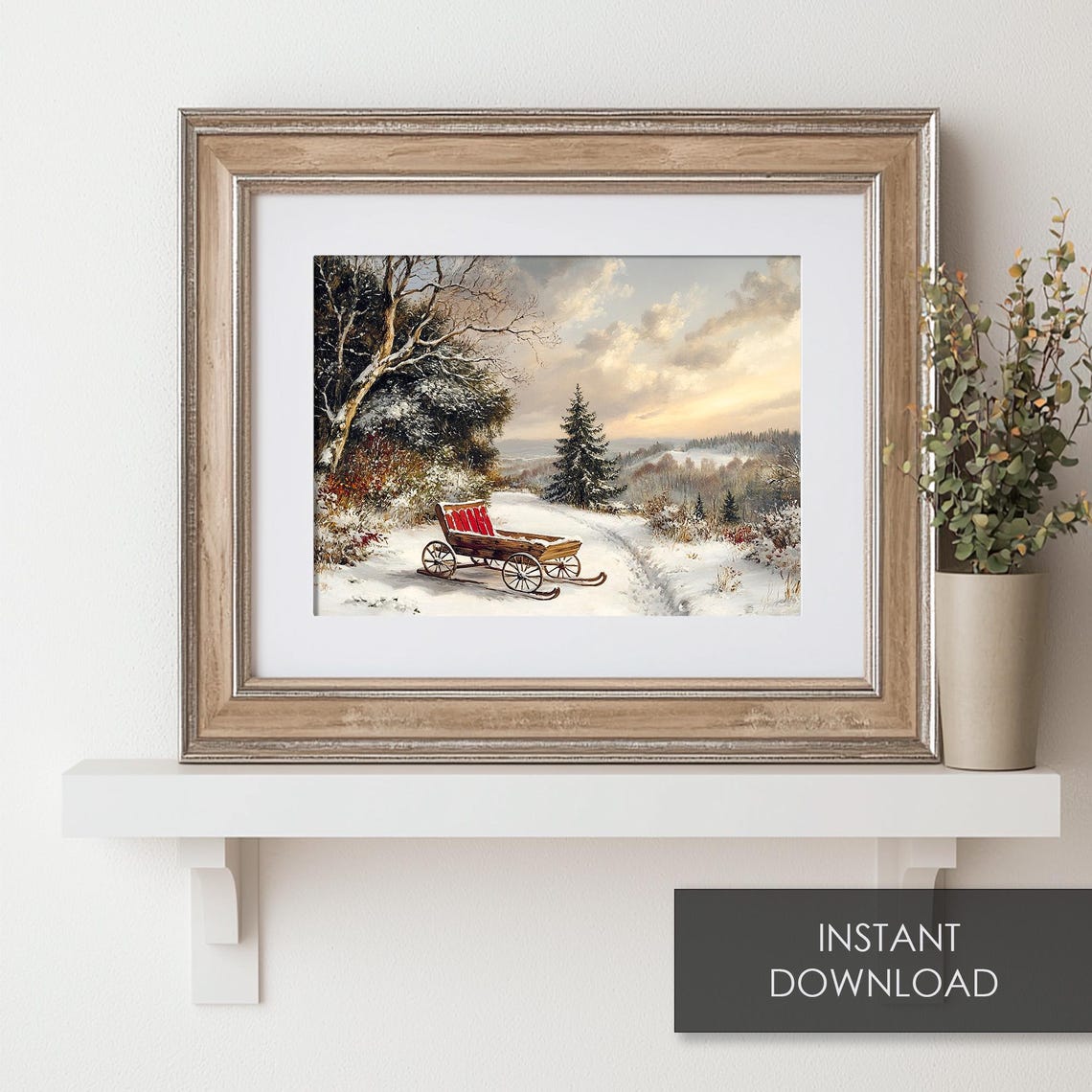 Vintage Wooden Sled Snowy Forest Path Winter Wonderland Poster - Image 6