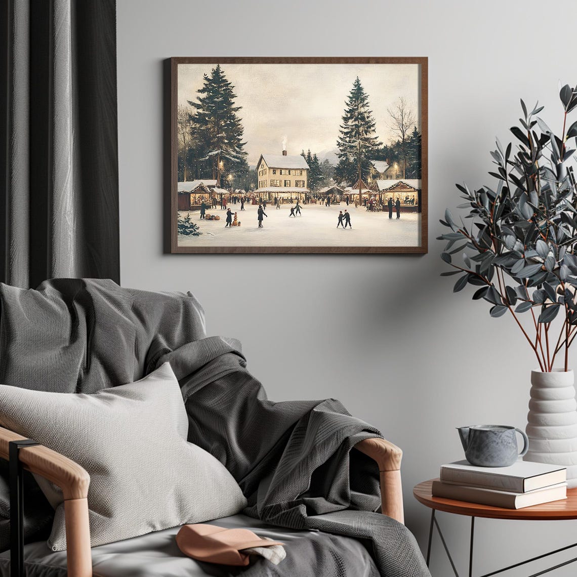 Vintage Ice Skating Print Winter City Town Wall Art Wonderland Village Painting Snowy Village Landscape - Image 4