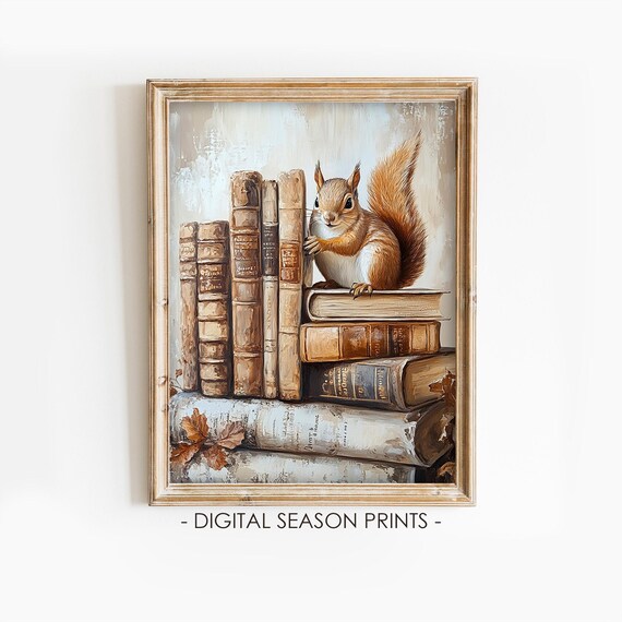 Red Squirrel on Stack of Old Books Autumn Library Animal Poster