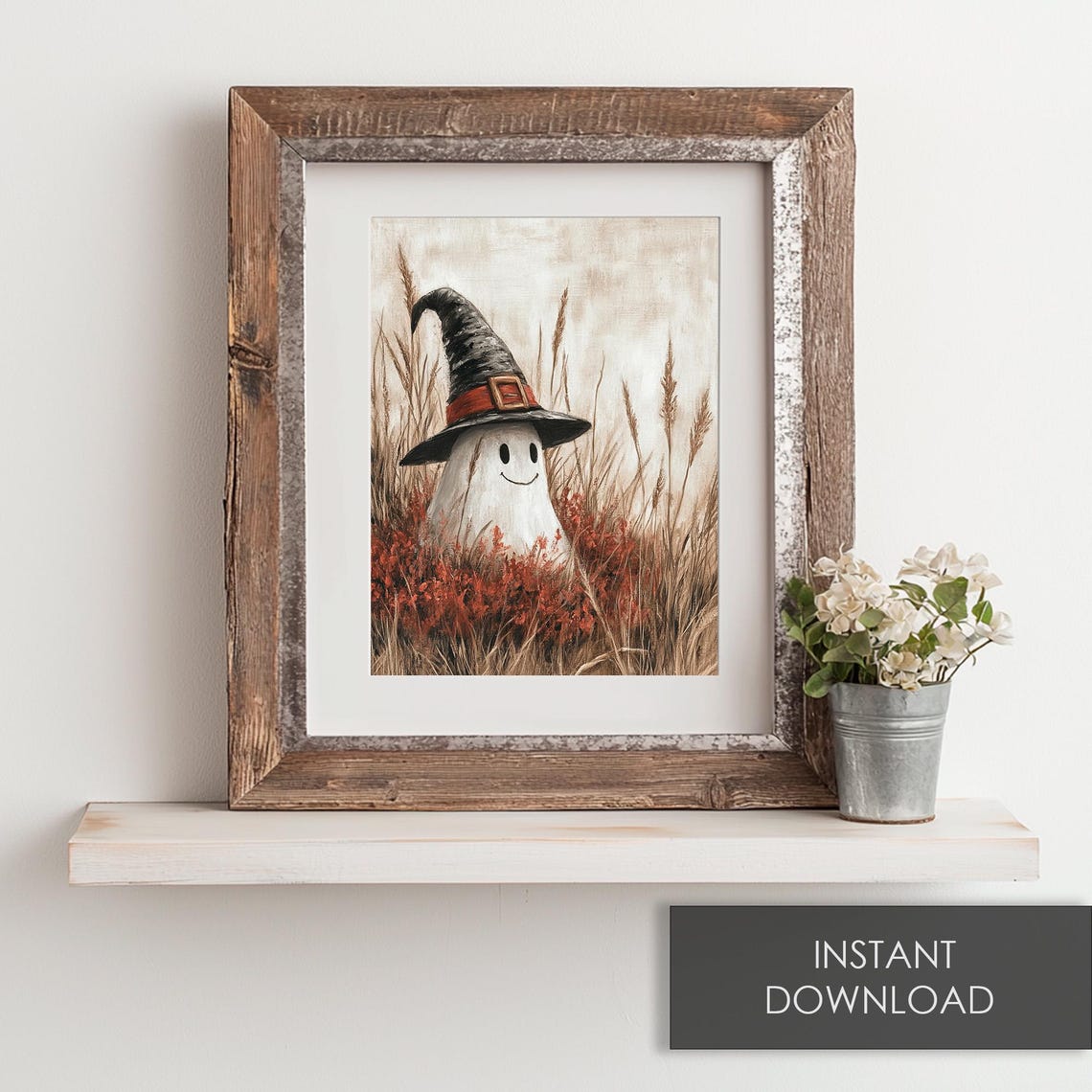 Smiling Ghost in a Tall Witch Hat Standing in Autumn Grass Poster - Image 6