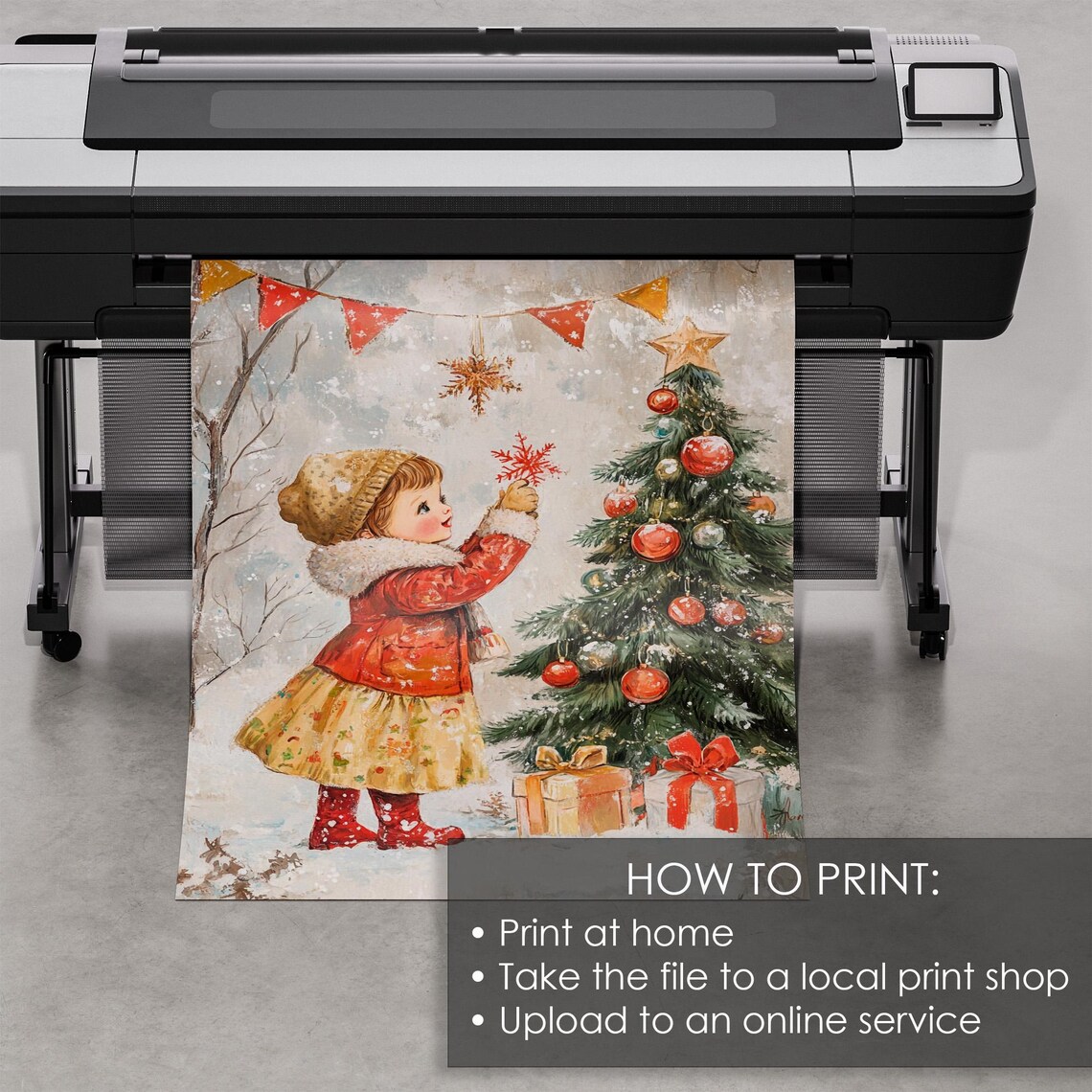 Little Girl Decorating a Christmas Tree Retro Storybook Holiday Poster - Image 5