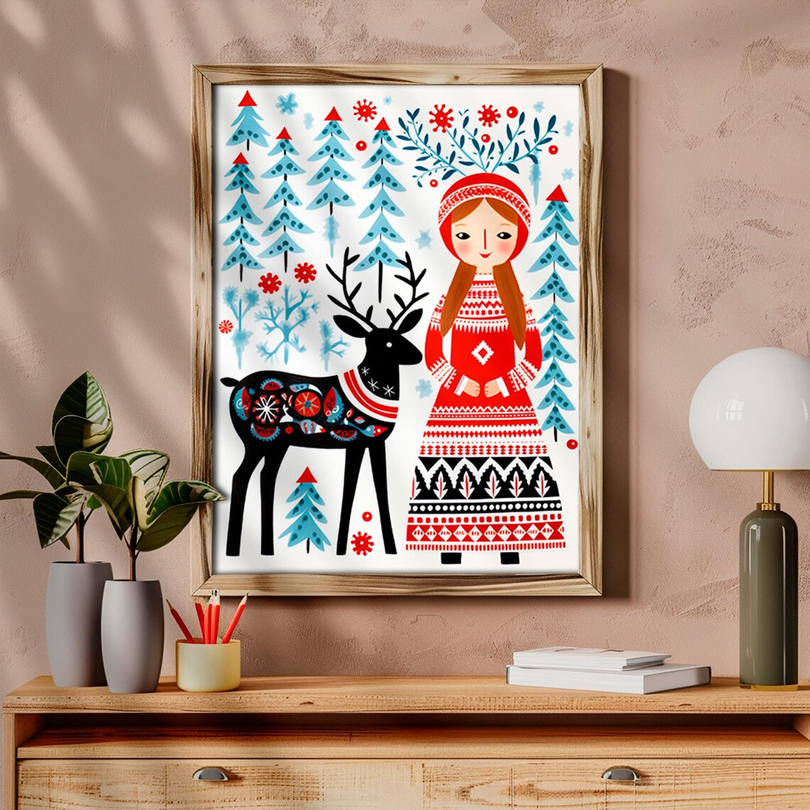 Scandinavian Folk Art Woman With Deer Winter Forest Red Dress Poster - Image 6