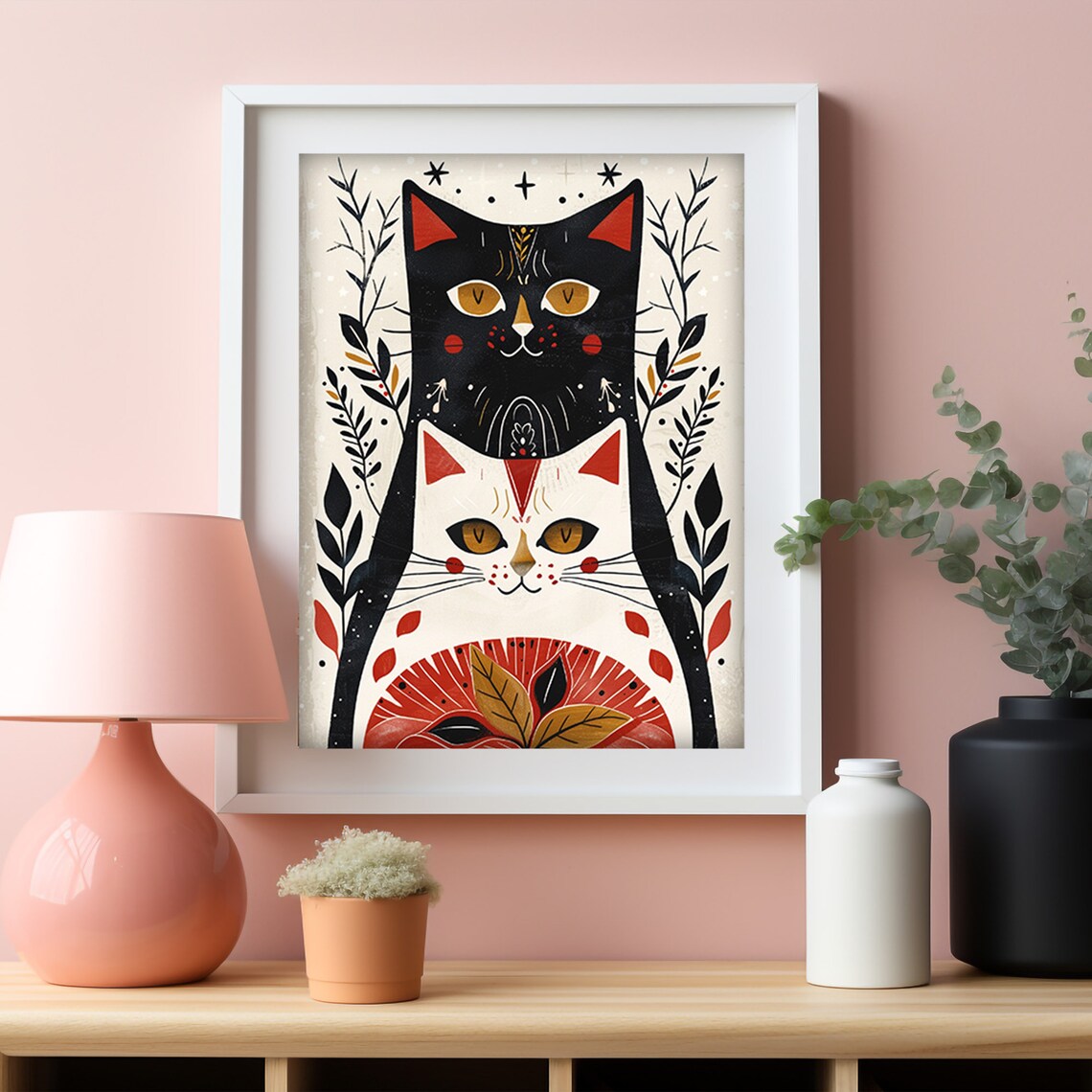Scandinavian Folk Art Cats Black And White With Red Accents Poster - Image 4