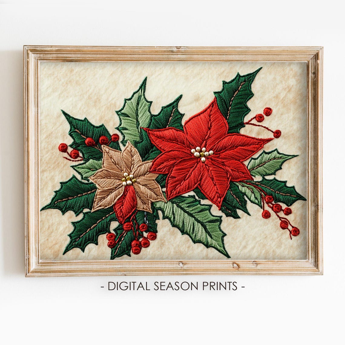 Embroidered Poinsettia Christmas Flower Vintage Holly Berries Print