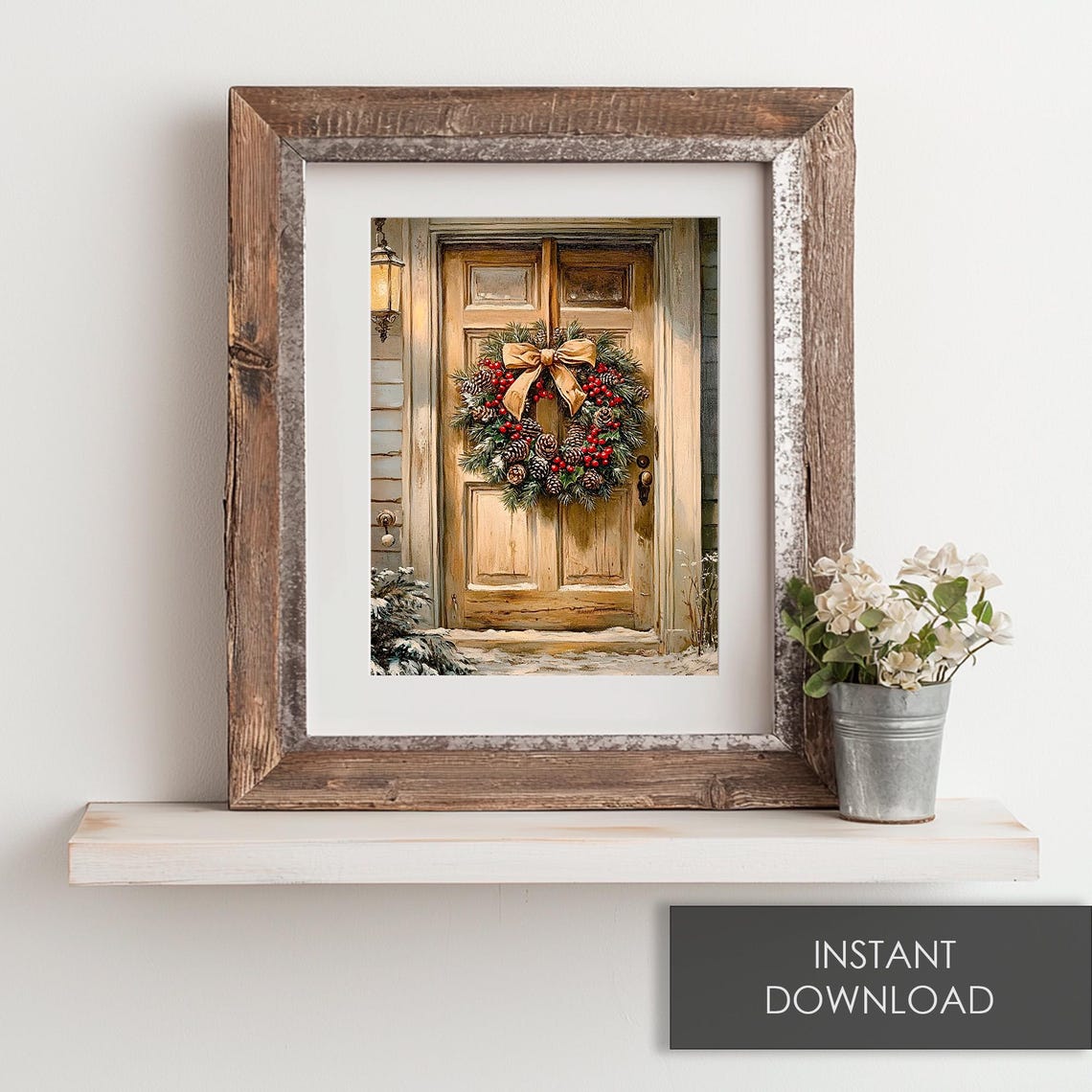 Christmas Wreath With Red Berries And Gold Bow On Wooden Door Poster - Image 6