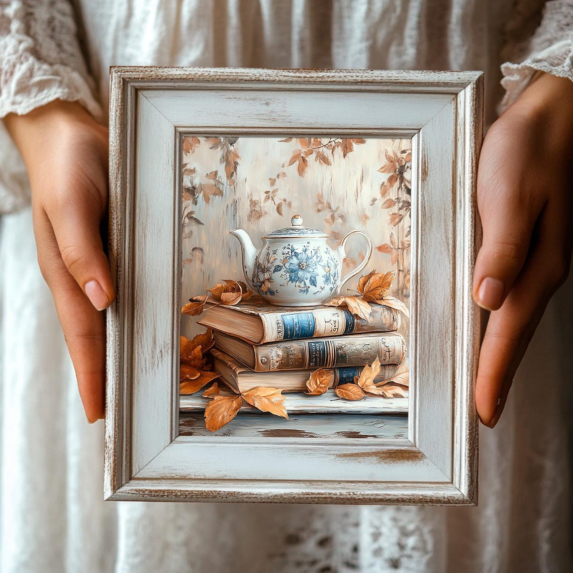 Blue Floral Teapot on Vintage Books Autumn Leaves Cozy Fall Print - Image 3