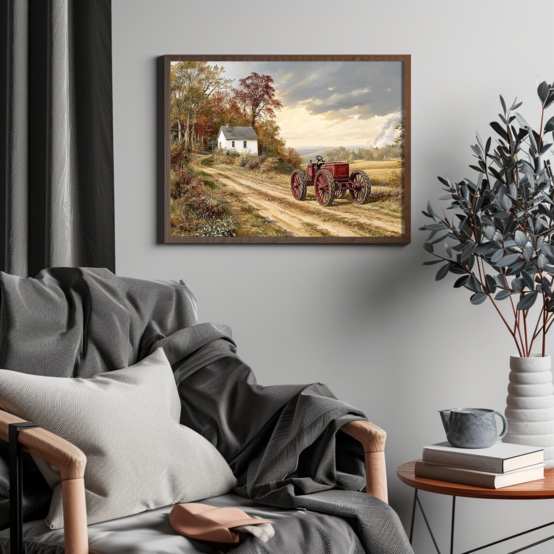 Antique Red Tractor Country Road Farmhouse Autumn Landscape Art Print - Image 4