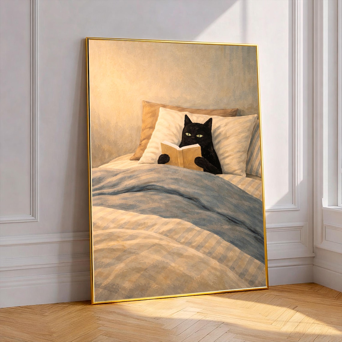 Black Cat Reading In Bed Cozy Book Lover Vintage Lamp Glow Poster