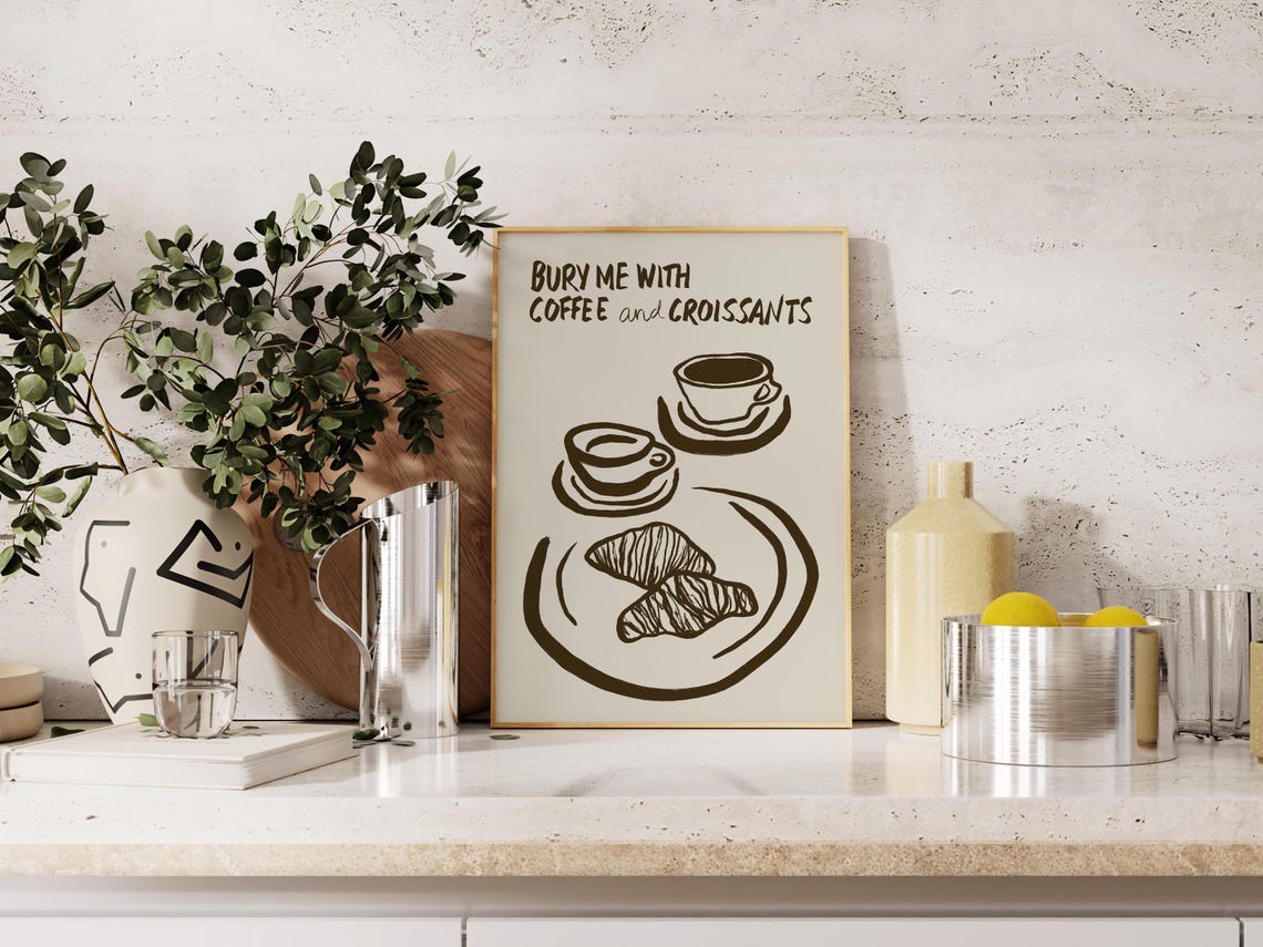 Bury Me With Coffee And Croissants Line Art Breakfast Poster - Image 3