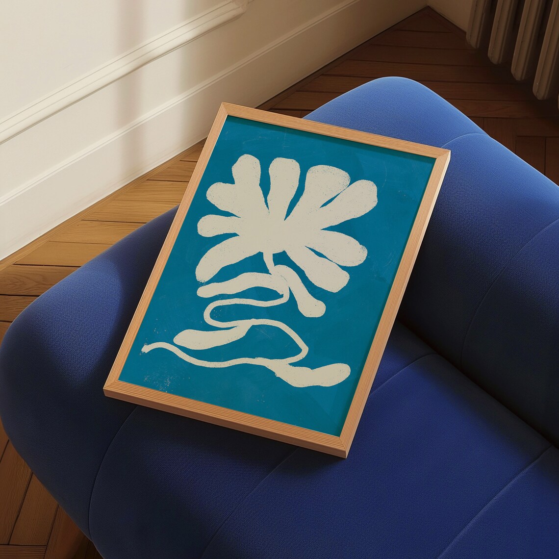 Cream Coral With Wavy Stalk On Ocean Blue Coastal Art Poster - Image 2