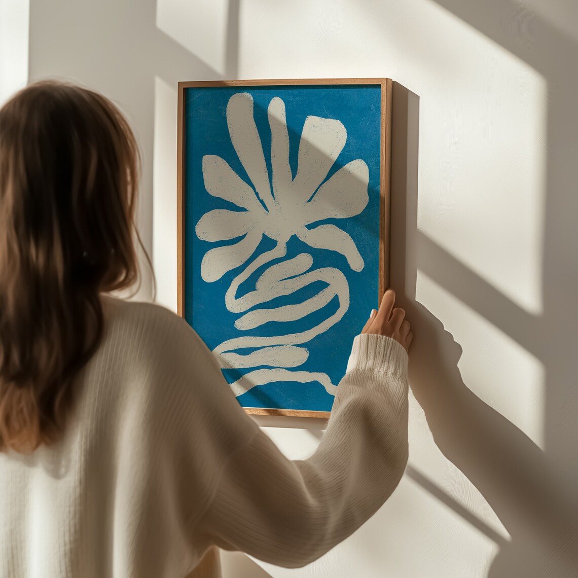 Cream Sea Flower With Curled Stem On Deep Teal Blue Art Poster - Image 3