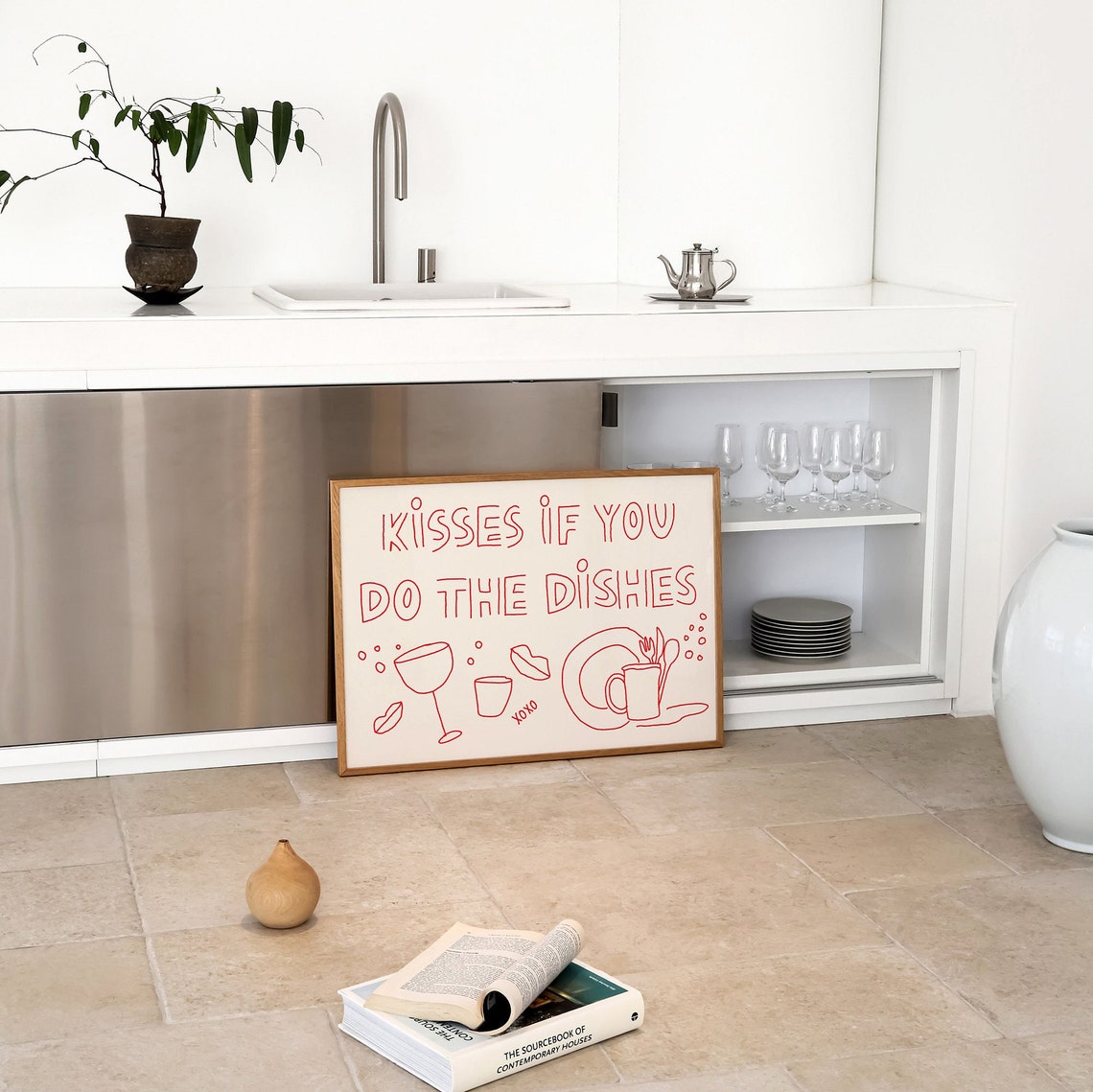 Kisses If You Do The Dishes Red Line Art Horizontal Kitchen Poster - Image 2
