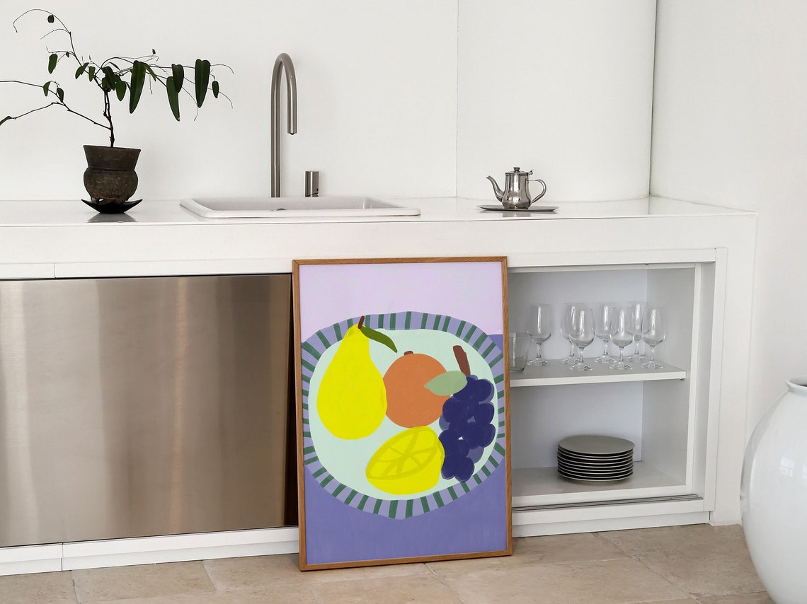 Colorful Fruit Plate Pear Orange And Grapes Still Life Poster - Image 2