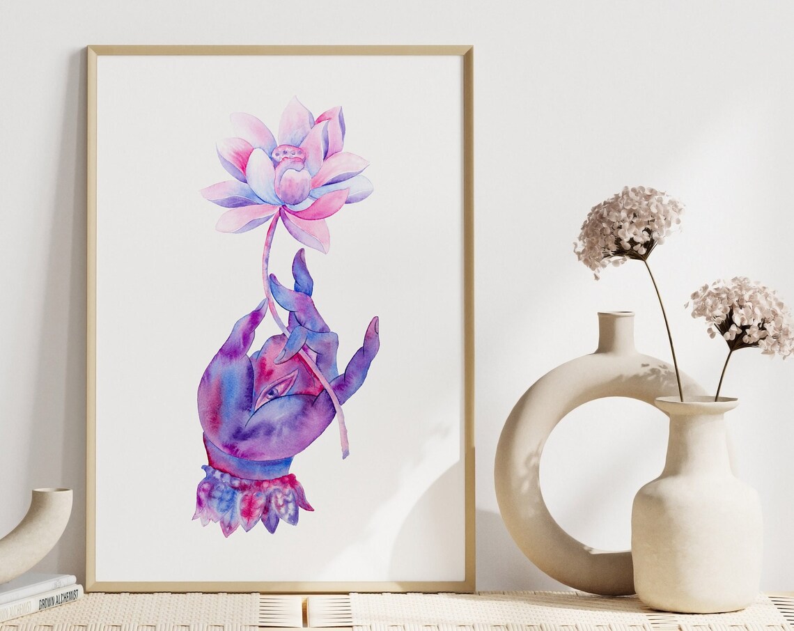 Purple Buddha Mudra Hand Lotus Flower Watercolor Spiritual Poster