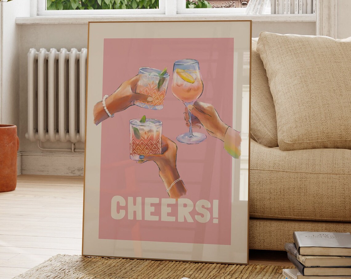 Bar Cart Retro Champagne Art Print, Groovy Decor