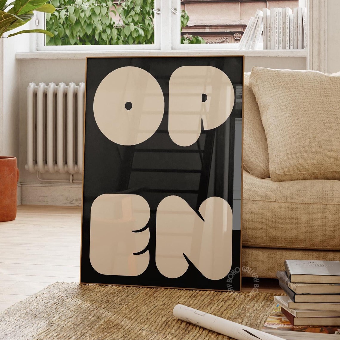 OPEN Bubble Letter Typography Poster Bold Black Chic Retro Decor