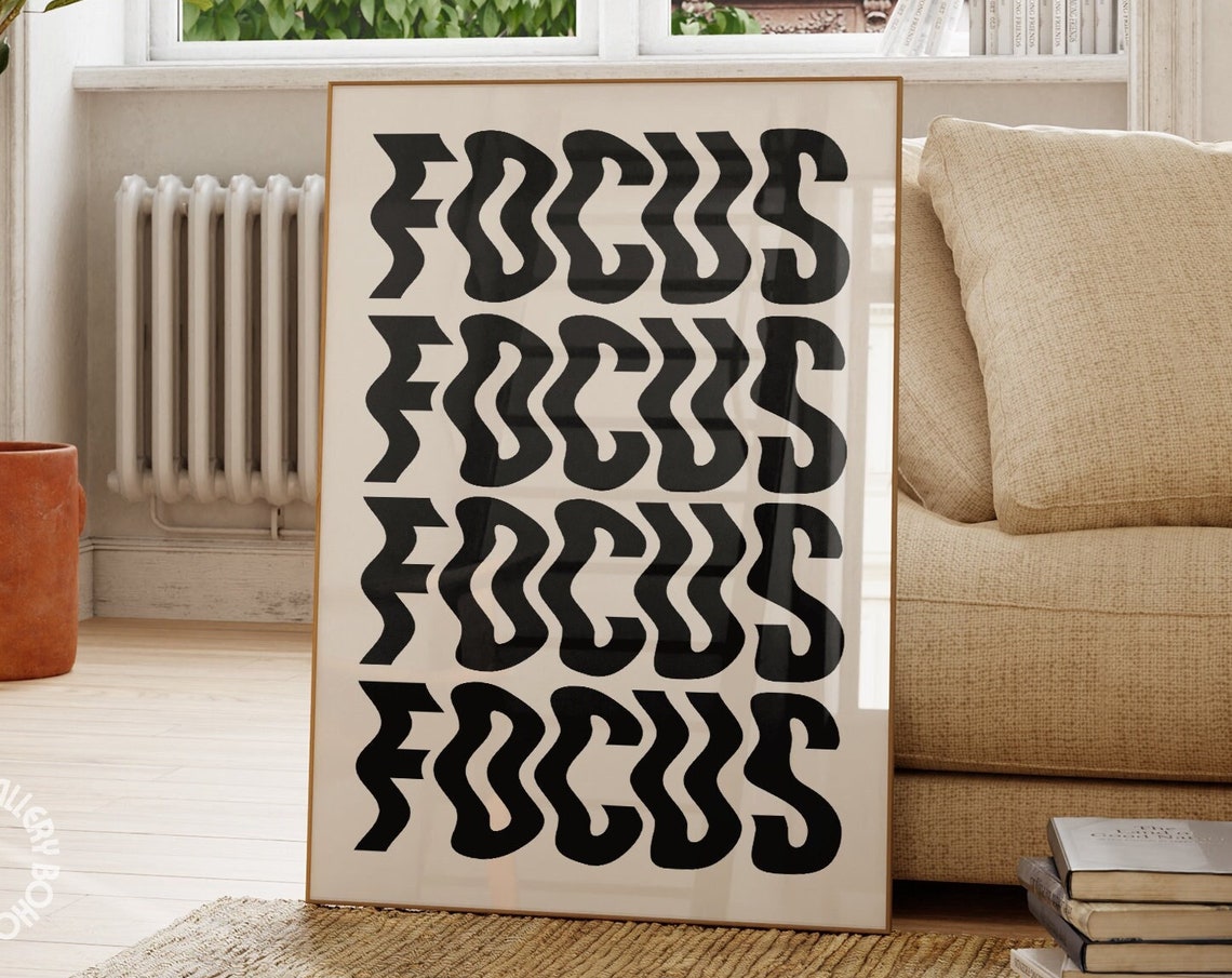 FOCUS Wavy Black Psychedelic Typography Repeated Quote Art Poster