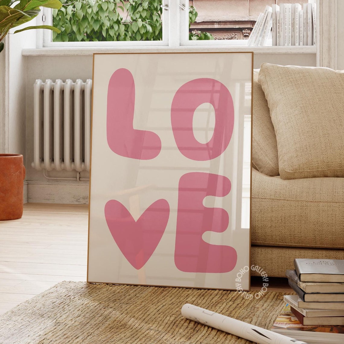 Pink LOVE Retro Typography Heart Poster 70s Playful Style Decor