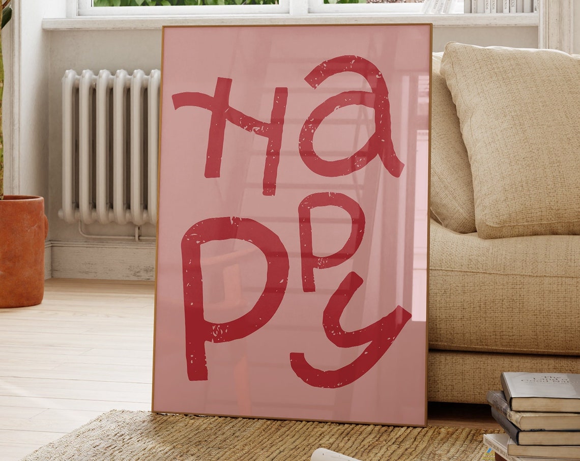 HAPPY Red Hand Lettered Typography On Pink Background Art Poster - Image 3