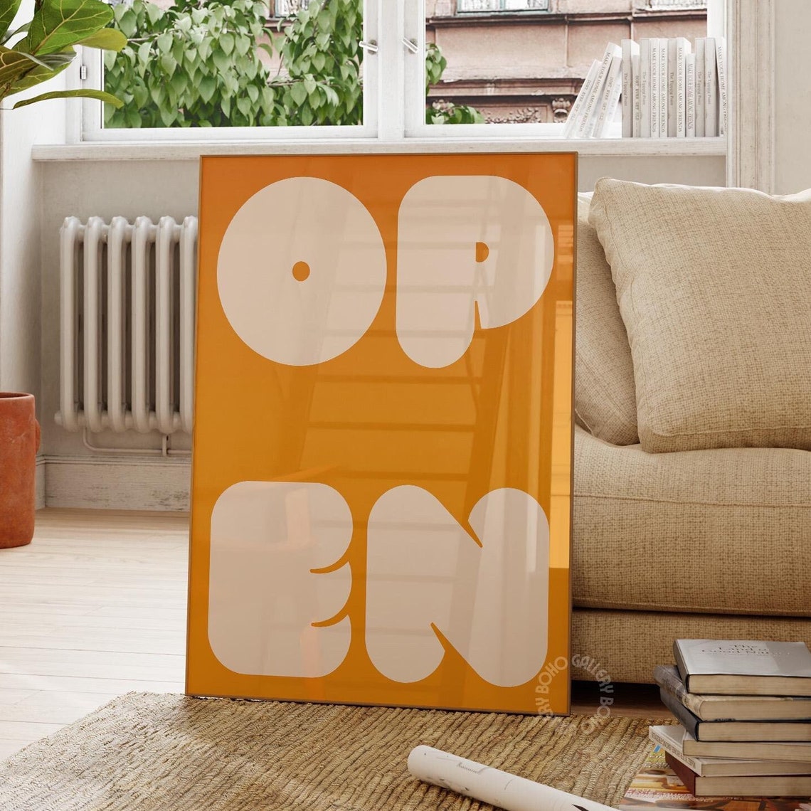 OPEN Bubble Letter Typography Poster Vibrant Orange Retro Decor