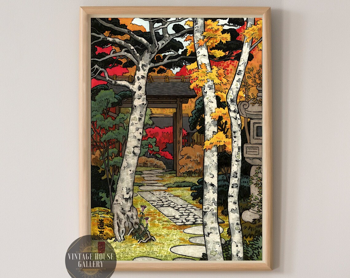 Yoshida Toshi Autumn Temple Gate Birch Trees Vintage Japanese Poster