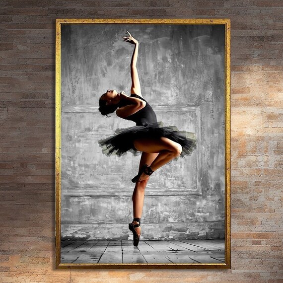Elegant Ballerina in Black Tutu En Pointe Dramatic Dance Art Poster
