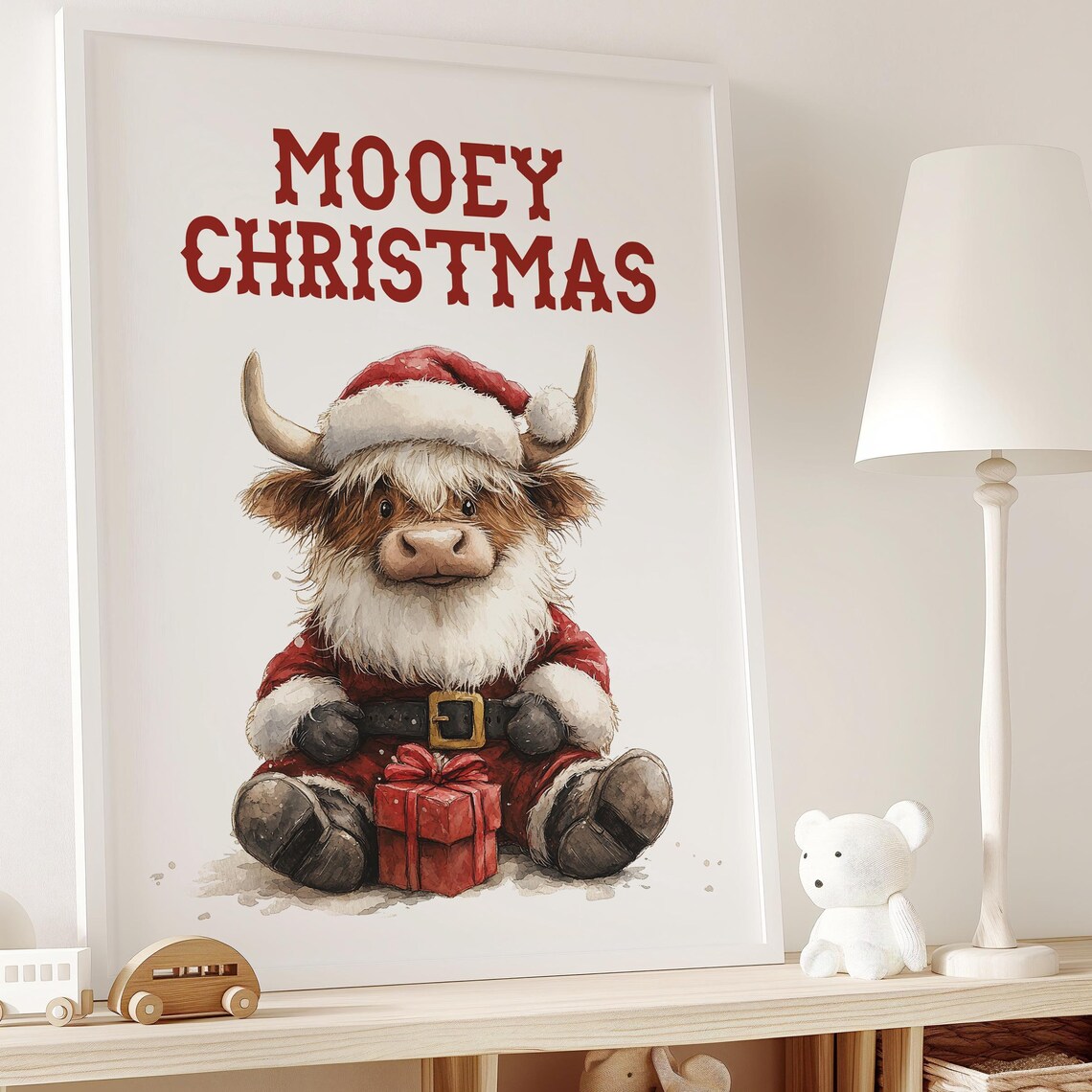 Mooey Christmas Highland Cow Santa Suit Watercolor Funny Art Print