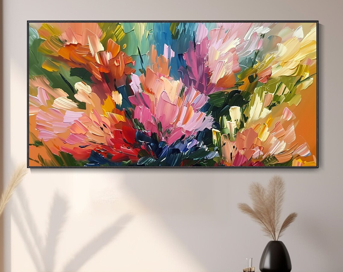 Abstract Colorful Flower Bouquet Impasto Pink Orange Blue Wall Art