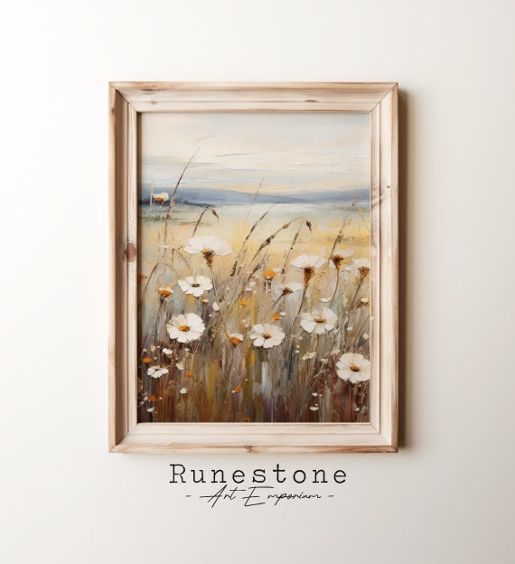 Wildflowers In Autumn Field Landscape Vintage Oil Painting Art Design Wall