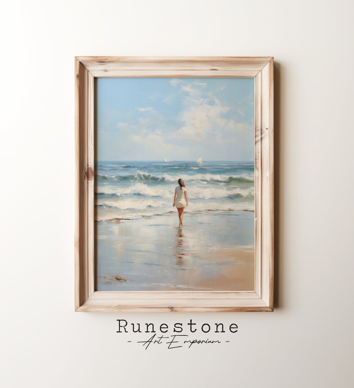 Woman Walking Into Ocean Waves Summer Beach Sailboats Painting Poster