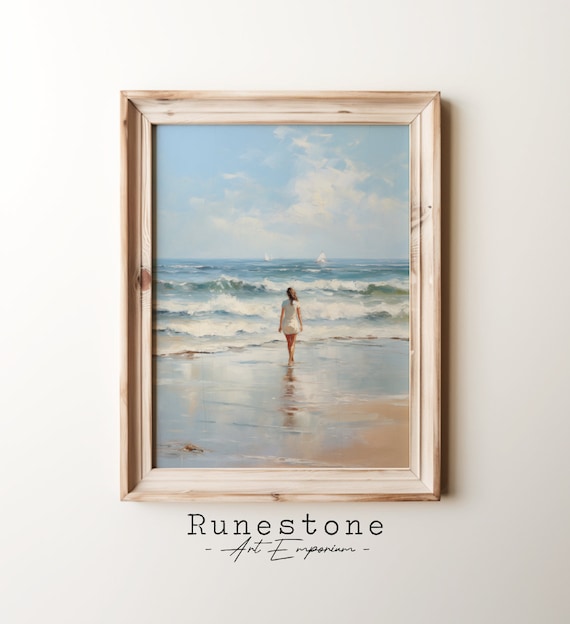 Woman Walking Into Ocean Waves Summer Beach Sailboats Painting Poster