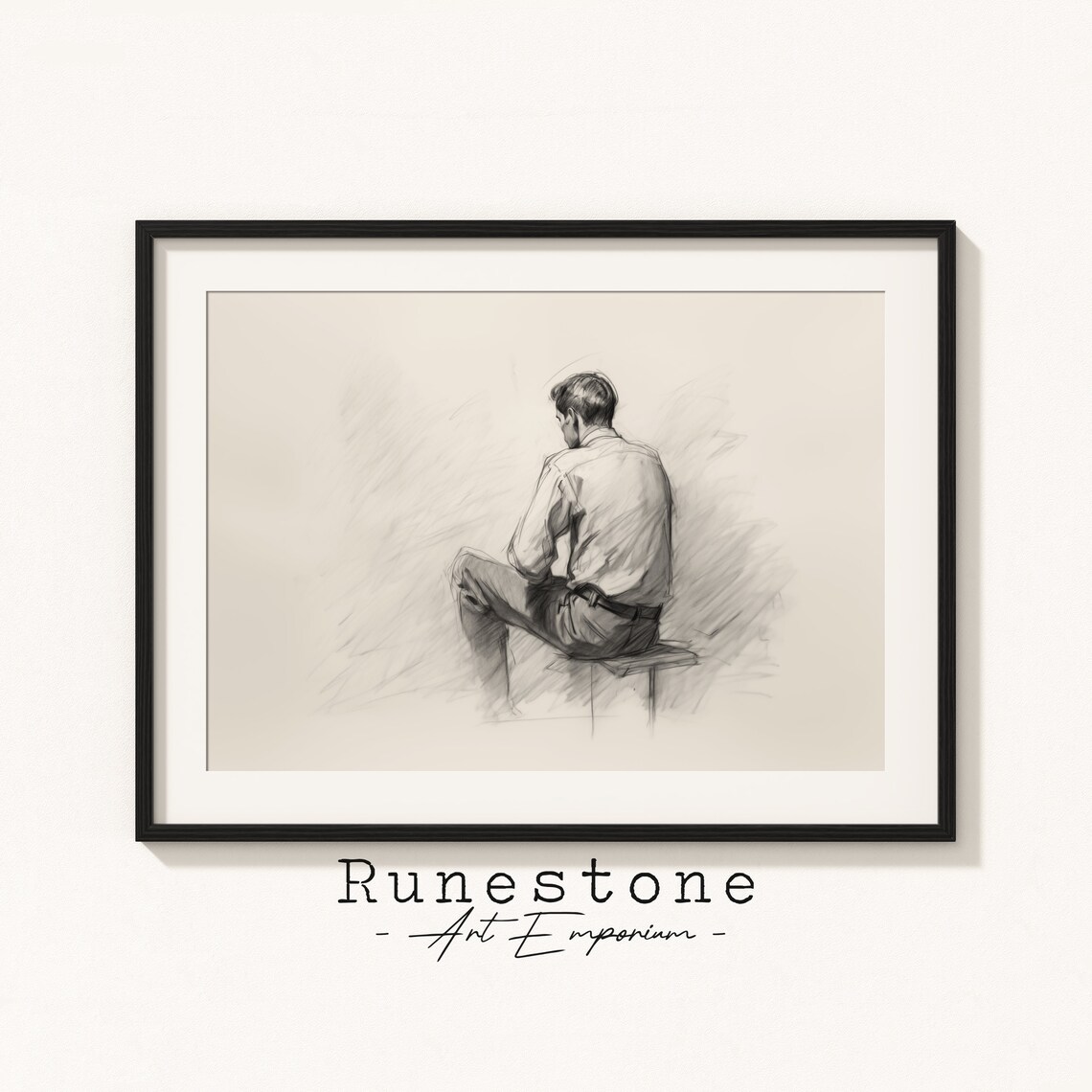 Pensive Man Seated Figure Moody Charcoal Sketch Drawing Wall Art