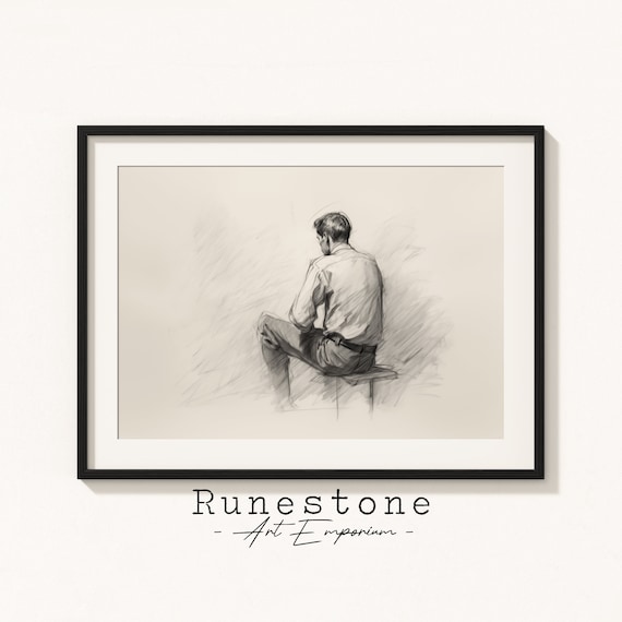 Melancholy Man Sketch Moody Figure Drawing Sad Pensive Minimalism Pencil Home Decor Neutral Art Print
