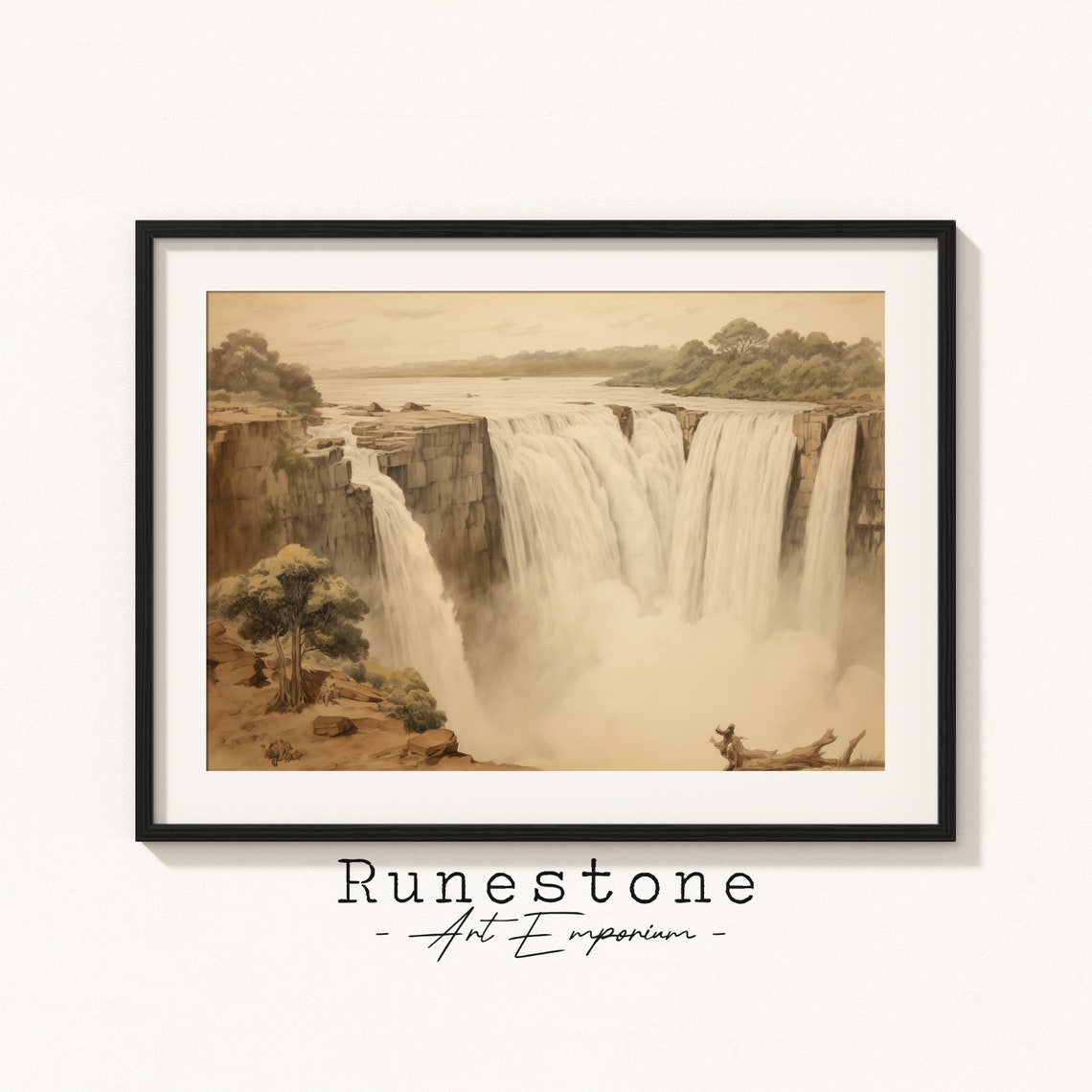 Antique Sepia Waterfall Wide Cascade Vintage Landscape Wall Art