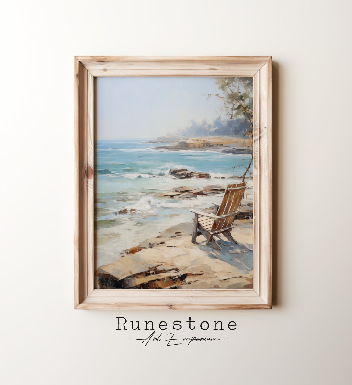 Wooden Beach Chair Facing The Sea Rocky Shore Vintage Ocean Poster