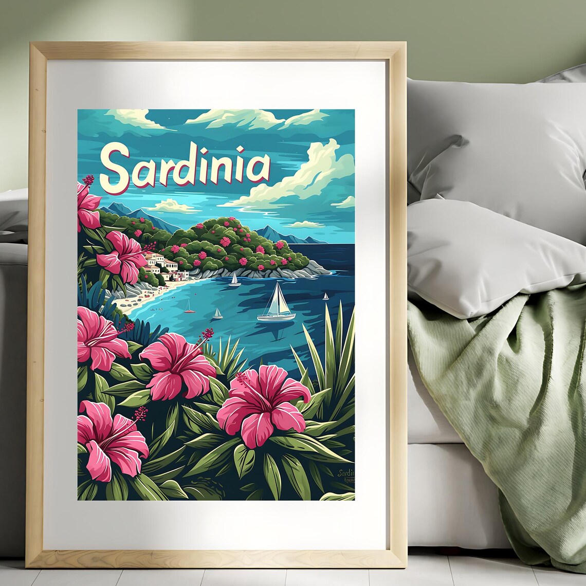 Sardinia Vintage Travel Poster With Hibiscus And Teal Mediterranean Sea