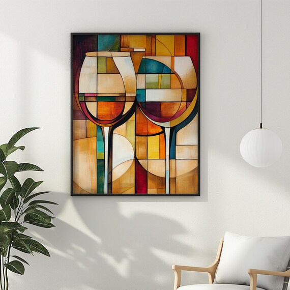 Cubist Wine Glasses in Warm Amber Stained Glass Mosaic Art Poster