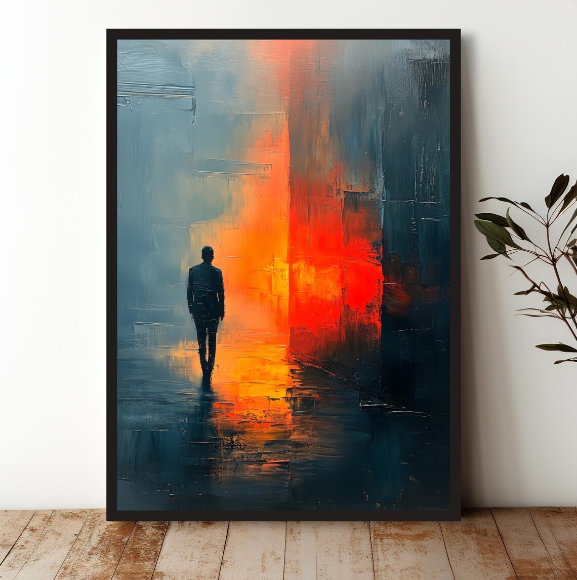 Abstract Silhouette In Light Art Print Moody Modern Wall Art With Blue And Orange Tones Mysterious Urban Decor