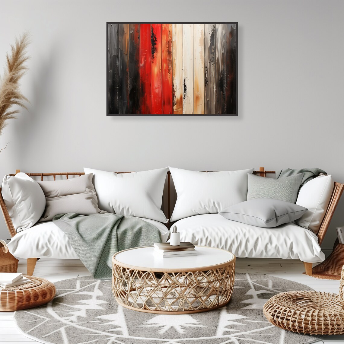 Rustic Wood Plank Abstract Painting Red Neutral Modern Art Poster - Image 2