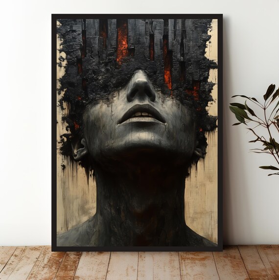 Dark Embers Burning Face Abstract Surreal Portrait Art Poster