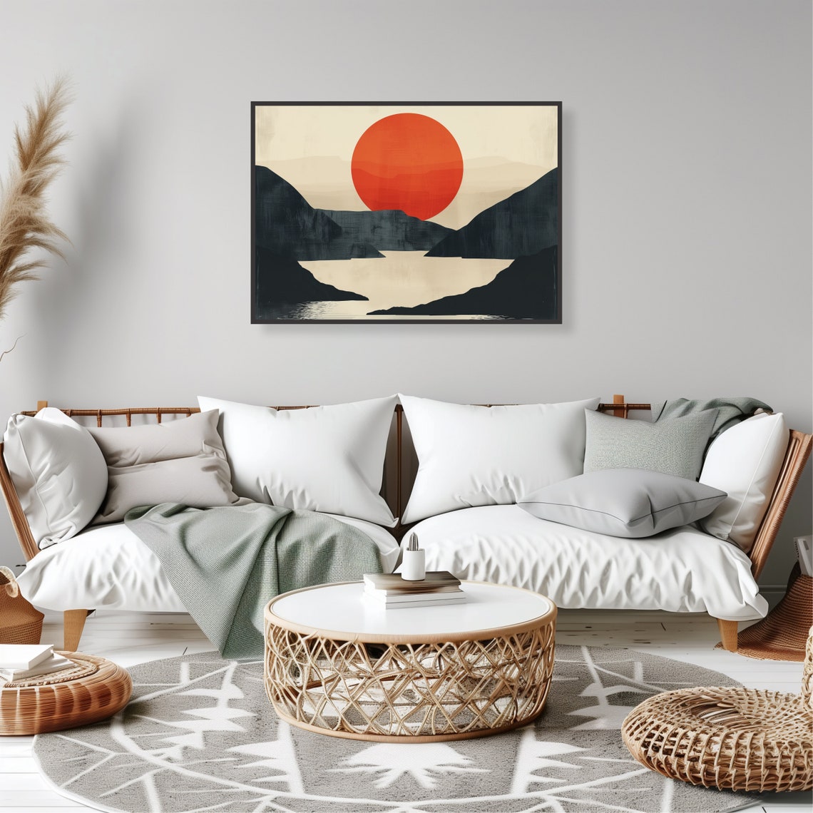 Minimalist Sunset Wall Art Bold Red Sun Mountain Silhouettes Decor For Contemporary Home Aesthetics - Image 2